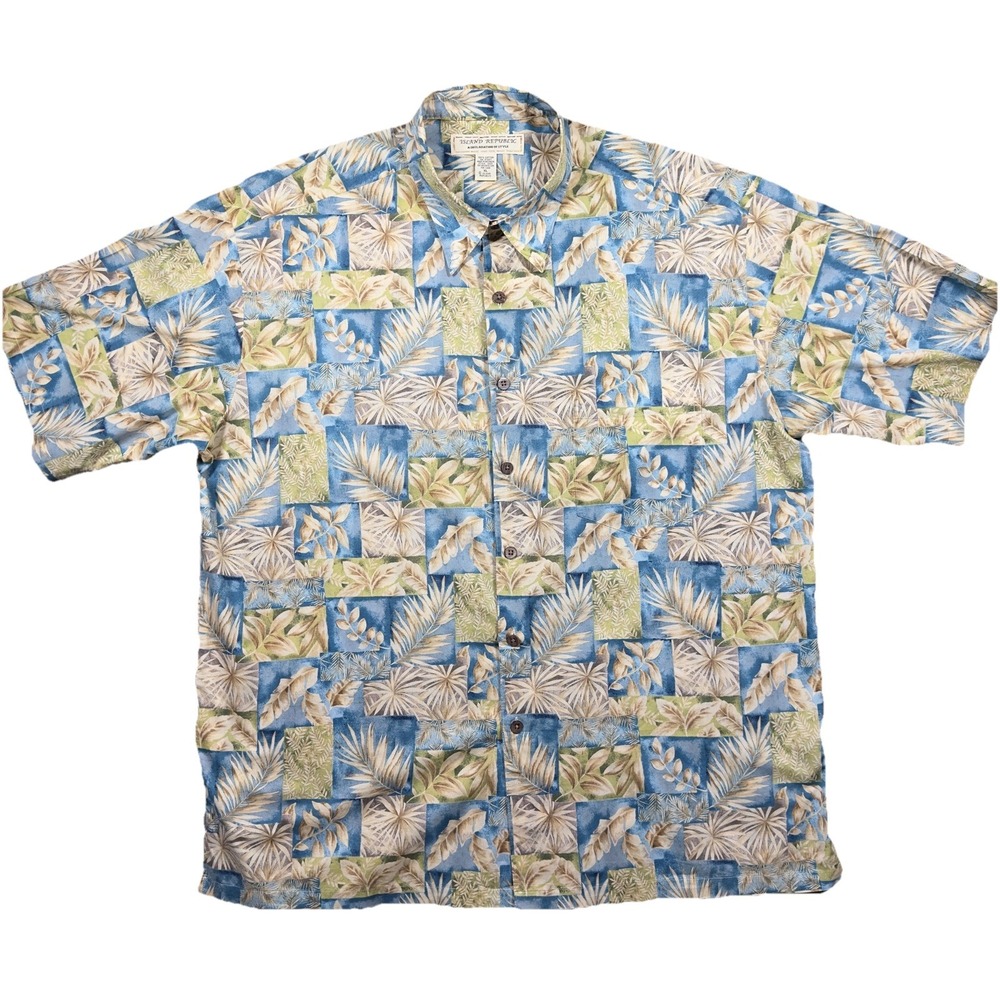 Island Republic Hawaiian Camp Shirt Mens XL Blue Tropical Palm Leaf Aloha‎ Beach